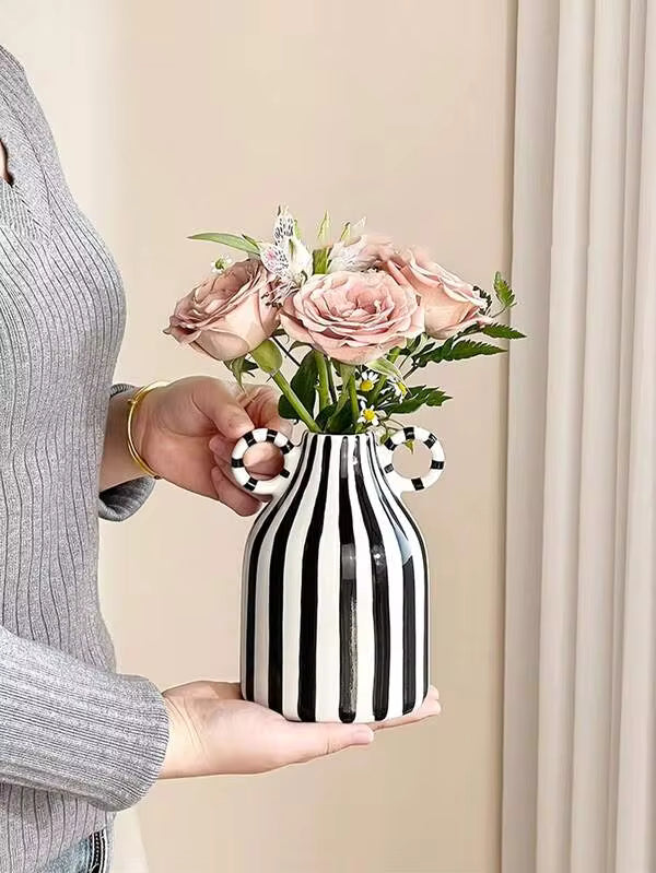 1pc Black & White Striped Ceramic Vase, Hand-Painted Modern Minimalist Boho Decor, Center Dining Table, Kitchen Desk, Bookshelf, Bedroom Aesthetic