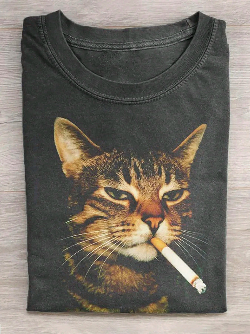 230g Washed Cat Print T-Shirt That Loves Smoking, High-Quality Wax Printed Cotton Retro Fashion Brand T-Shirt, Men's T-Shirt, Beach Must-Have, Men's Summer T-Shirt, Holiday Gift, Perfect Gift